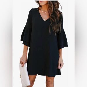Women's Black V-Neck Mini Dress with Tiered Ruffle Sleeves